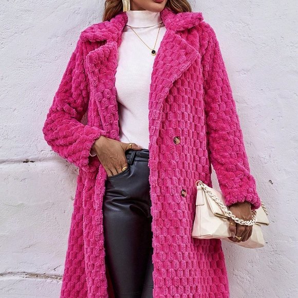 . Jackets & Blazers - Pink Preppy womens Lapel Neck Double Breasted Teddy Coat